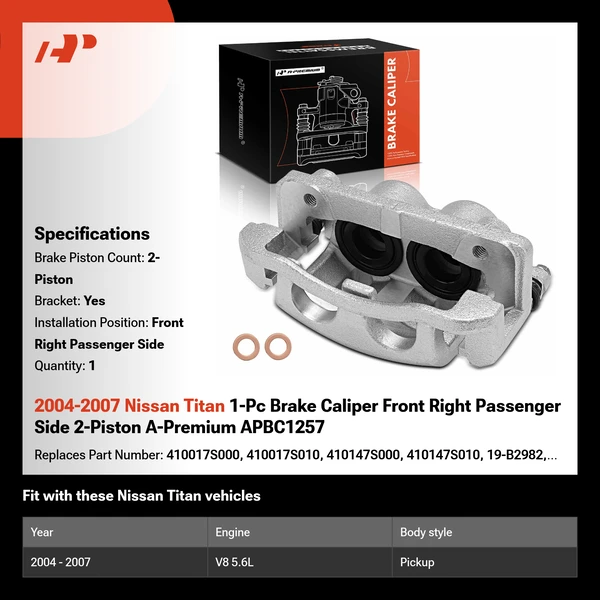 2004-2007 Nissan Titan 1-Pc Brake Caliper Front Right Passenger Side 2-Piston A-Premium APBC1257