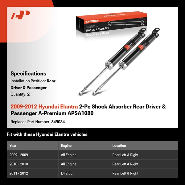 2009-2012 Hyundai Elantra 2-Pc Shock Absorber Rear Driver & Passenger A-Premium APSA1080