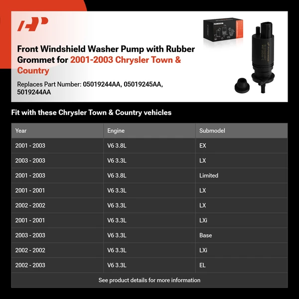 Front Windshield Washer Pump with Rubber Grommet for 2001-2003 Chrysler Town & Country