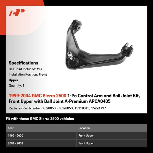 1999-2004 GMC Sierra 2500 1-Pc Control Arm and Ball Joint Kit, Front Upper with Ball Joint A-Premium APCA0405
