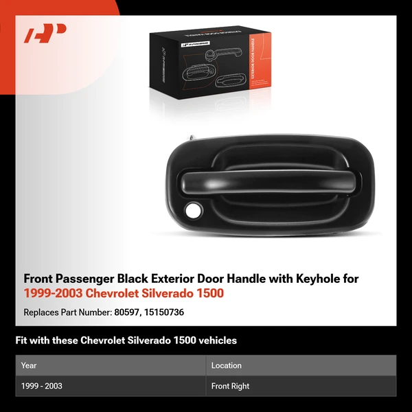 Front Passenger Black Exterior Door Handle with Keyhole for 1999-2003 Chevrolet Silverado 1500
