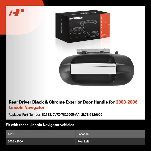 Rear Driver Black & Chrome Exterior Door Handle for 2003-2006 Lincoln Navigator