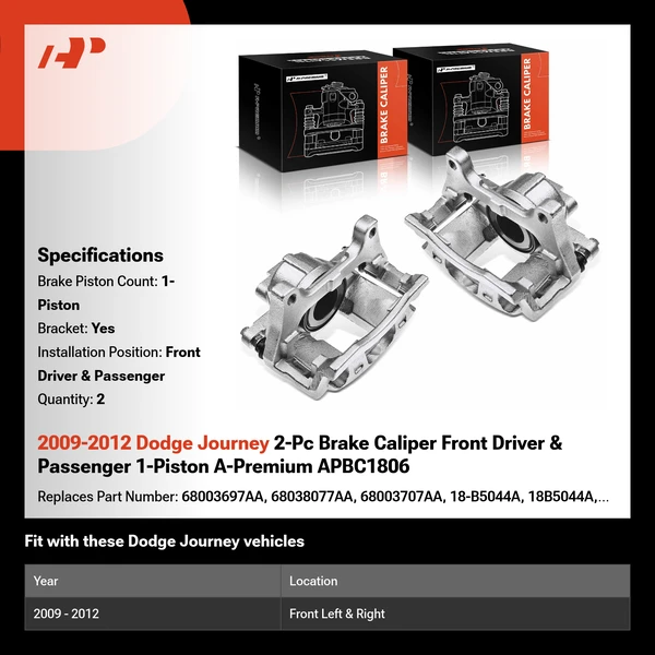 2009-2012 Dodge Journey 2-Pc Brake Caliper Front Driver & Passenger 1-Piston A-Premium APBC1806