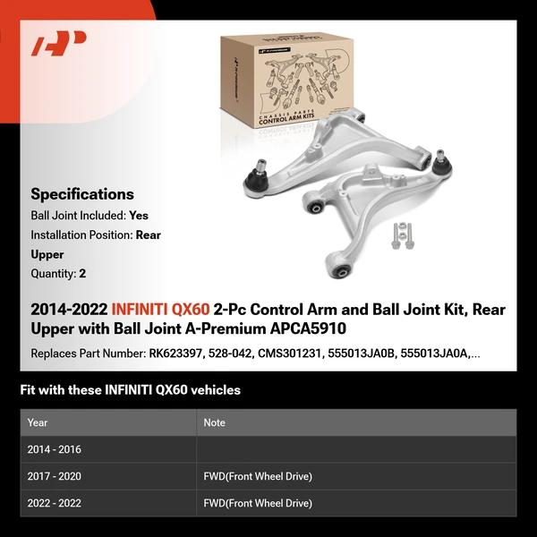 2014-2022 INFINITI QX60 2-Pc Control Arm and Ball Joint Kit, Rear Upper with Ball Joint A-Premium APCA5910