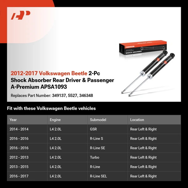 2012-2017 Volkswagen Beetle 2-Pc Shock Absorber Rear Driver & Passenger A-Premium APSA1093