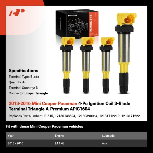 2013-2016 Mini Cooper Paceman 4-Pc Ignition Coil 3-Blade Terminal Triangle A-Premium APIC1604