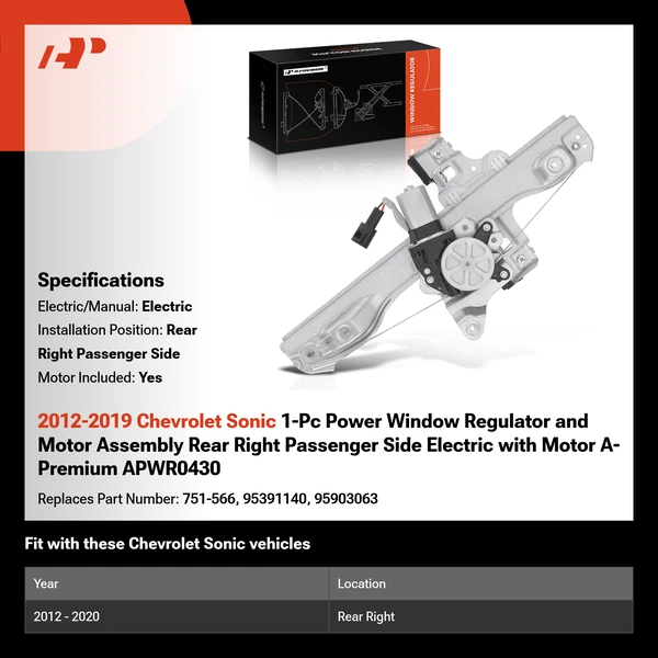 2012-2019 Chevrolet Sonic 1-Pc Power Window Regulator and Motor Assembly Rear Right Passenger Side Electric with Motor A-Premium APWR0430