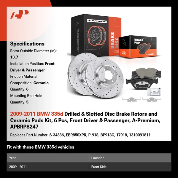 2009-2011 BMW 335d Drilled & Slotted Disc Brake Rotors and Ceramic Pads Kit, 6 Pcs, Front Driver & Passenger, A-Premium, APBRPS247