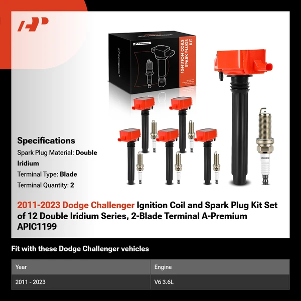 2011-2023 Dodge Challenger Ignition Coil and Spark Plug Kit Set of 12 Double Iridium Series, 2-Blade Terminal A-Premium APIC1199