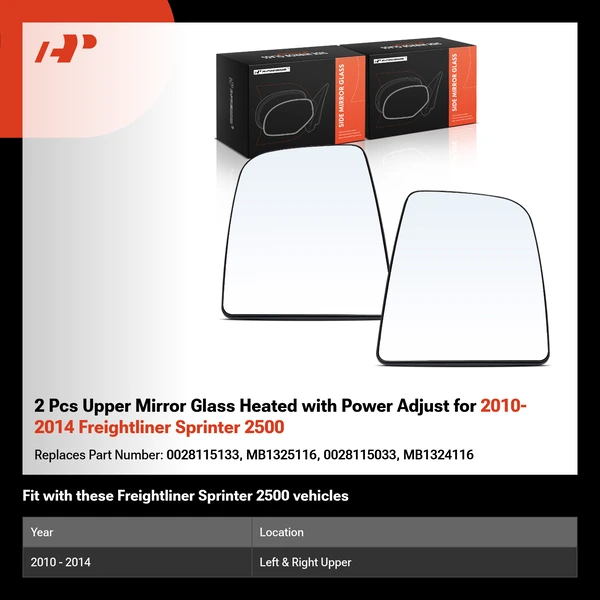 2 Pcs Upper Mirror Glass Heated with Power Adjust for 2010-2014 Freightliner Sprinter 2500