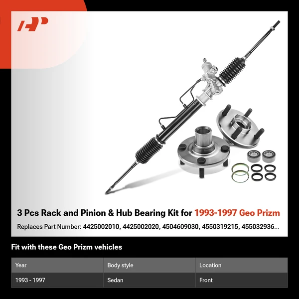 3 Pcs Rack and Pinion & Hub Bearing Kit for 1993-1997 Geo Prizm