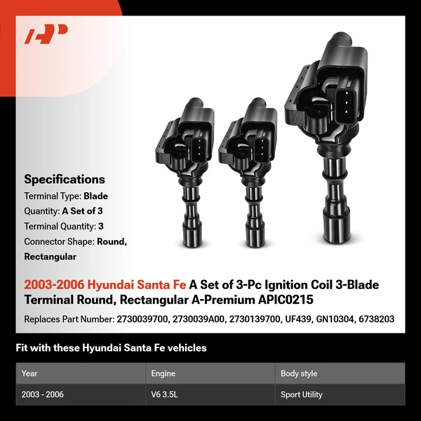 2003-2006 Hyundai Santa Fe A Set of 3-Pc Ignition Coil 3-Blade Terminal Round, Rectangular A-Premium APIC0215