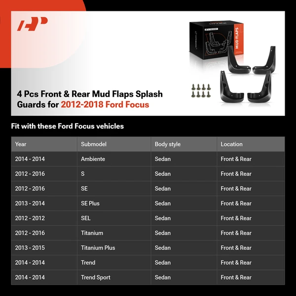 4 Pcs Front & Rear Mud Flaps Splash Guards for 2012-2018 Ford Focus