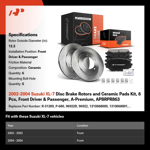 2002-2004 Suzuki XL-7 Disc Brake Rotors and Ceramic Pads Kit, 6 Pcs, Front Driver & Passenger, A-Premium, APBRPR863