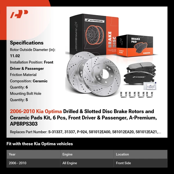 2006-2010 Kia Optima Drilled & Slotted Disc Brake Rotors and Ceramic Pads Kit, 6 Pcs, Front Driver & Passenger, A-Premium, APBRPS303