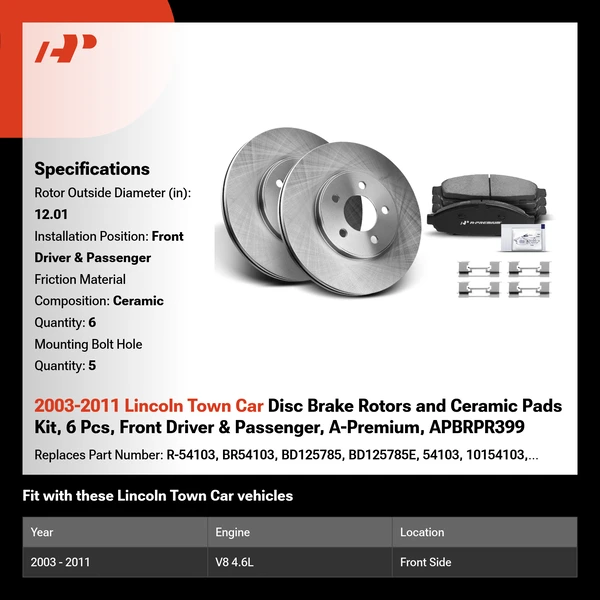 2003-2011 Lincoln Town Car Disc Brake Rotors and Ceramic Pads Kit, 6 Pcs, Front Driver & Passenger, A-Premium, APBRPR399