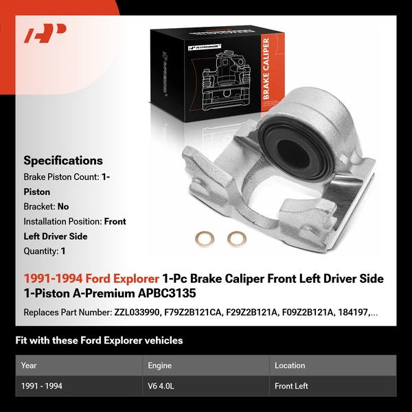1991-1994 Ford Explorer 1-Pc Brake Caliper Front Left Driver Side 1-Piston A-Premium APBC3135