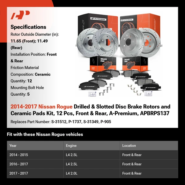 2014-2017 Nissan Rogue Drilled & Slotted Disc Brake Rotors and Ceramic Pads Kit, 12 Pcs, Front & Rear, A-Premium, APBRPS137