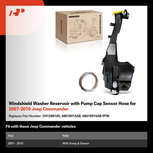 Windshield Washer Reservoir with Pump Cap Sensor Hose for 2007-2010 Jeep Commander