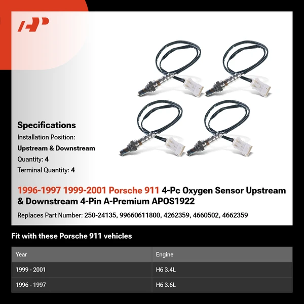 1996-1997 1999-2001 Porsche 911 4-Pc Oxygen Sensor Upstream & Downstream 4-Pin A-Premium APOS1922