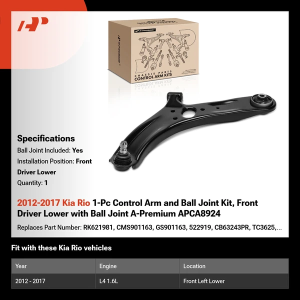 2012-2017 Kia Rio 1-Pc Control Arm and Ball Joint Kit, Front Driver Lower with Ball Joint A-Premium APCA8924
