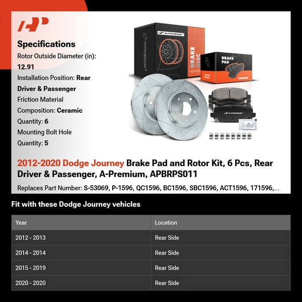 2012-2020 Dodge Journey Brake Pad and Rotor Kit, 6 Pcs, Rear Driver & Passenger, A-Premium, APBRPS011