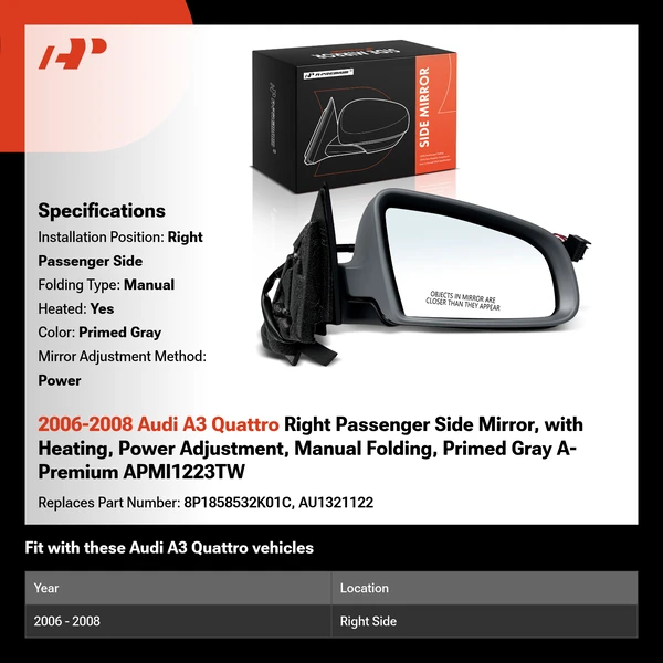 2006-2008 Audi A3 Quattro Right Passenger Side Mirror, with Heating, Power Adjustment, Manual Folding, Primed Gray A-Premium APMI1223TW