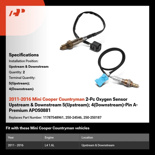 2011-2016 Mini Cooper Countryman 2-Pc Oxygen Sensor Upstream & Downstream 5(Upstream); 4(Downstream)-Pin A-Premium APOS0881