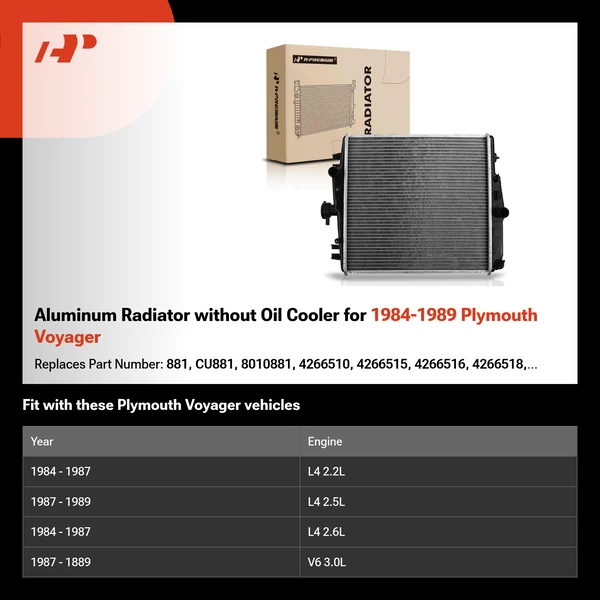 Aluminum Radiator without Oil Cooler for 1984-1989 Plymouth Voyager