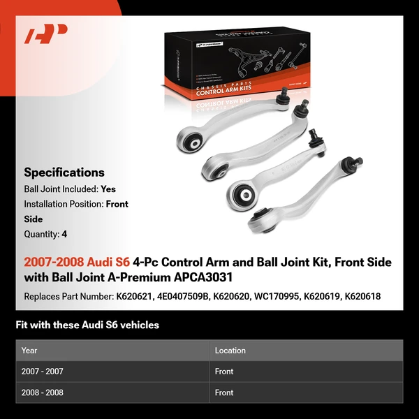 2007-2008 Audi S6 4-Pc Control Arm and Ball Joint Kit, Front Side with Ball Joint A-Premium APCA3031