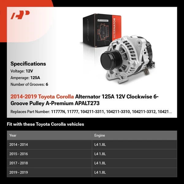 2014-2019 Toyota Corolla Alternator 125A 12V Clockwise 6-Groove Pulley A-Premium APALT273