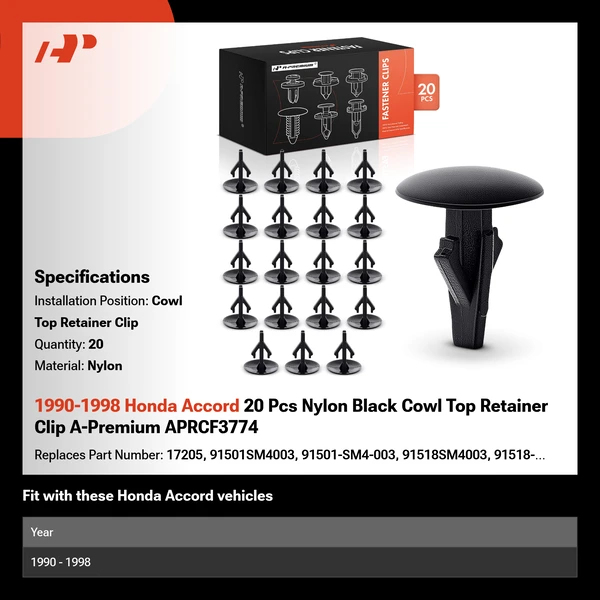 1990-1998 Honda Accord 20 Pcs Nylon Black Cowl Top Retainer Clip A-Premium APRCF3774