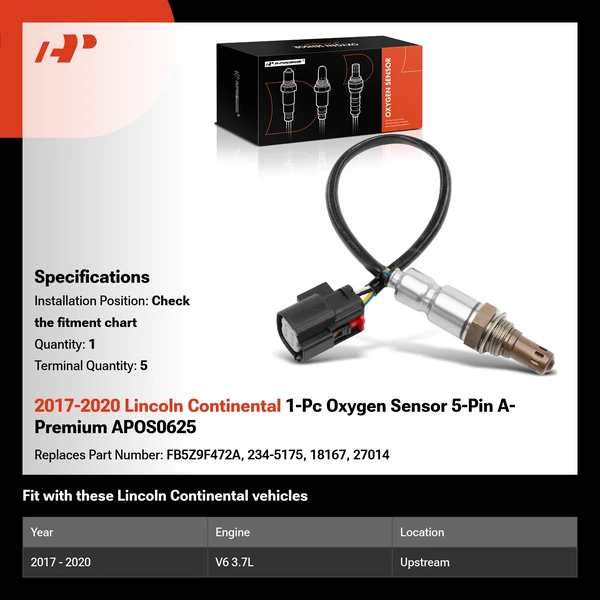 2017-2020 Lincoln Continental 1-Pc Oxygen Sensor 5-Pin A-Premium APOS0625