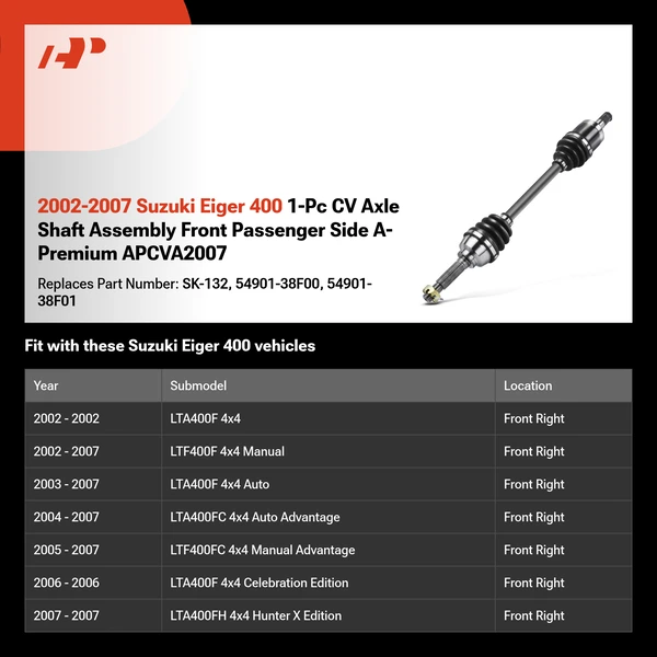 2002-2007 Suzuki Eiger 400 1-Pc CV Axle Shaft Assembly Front Passenger Side A-Premium APCVA2007