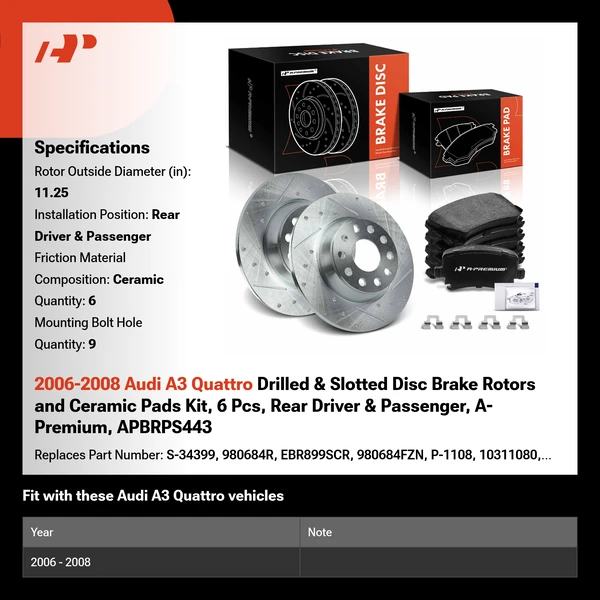 2006-2008 Audi A3 Quattro Drilled & Slotted Disc Brake Rotors and Ceramic Pads Kit, 6 Pcs, Rear Driver & Passenger, A-Premium, APBRPS443