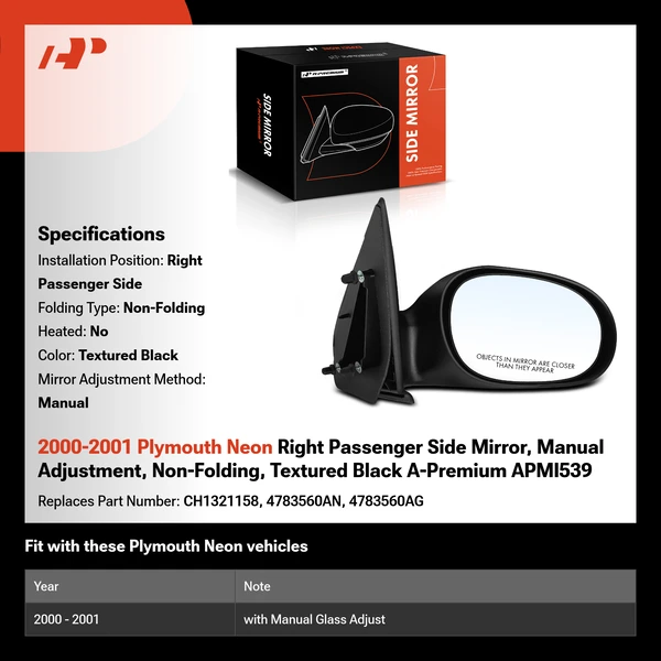 2000-2001 Plymouth Neon Right Passenger Side Mirror, Manual Adjustment, Non-Folding, Textured Black A-Premium APMI539