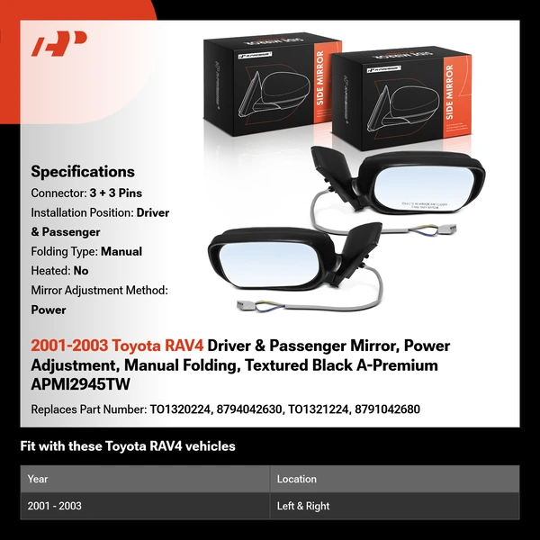 2001-2003 Toyota RAV4 Driver & Passenger Mirror, Power Adjustment, Manual Folding, Textured Black A-Premium APMI2945TW