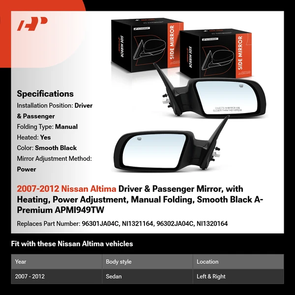 2007-2012 Nissan Altima Driver & Passenger Mirror, with Heating, Power Adjustment, Manual Folding, Smooth Black A-Premium APMI949TW