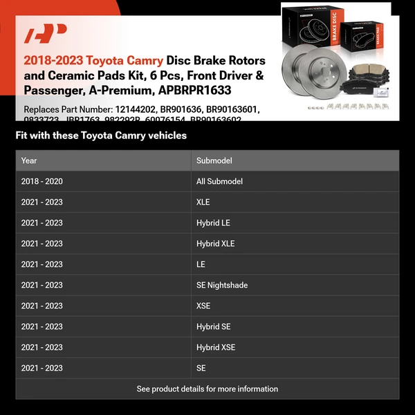 2018-2023 Toyota Camry Disc Brake Rotors and Ceramic Pads Kit, 6 Pcs, Front Driver & Passenger, A-Premium, APBRPR1633
