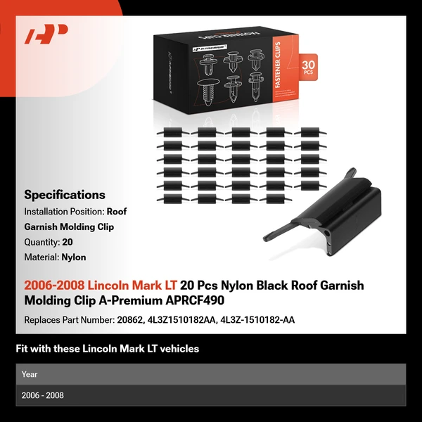 2006-2008 Lincoln Mark LT 20 Pcs Nylon Black Roof Garnish Molding Clip A-Premium APRCF490