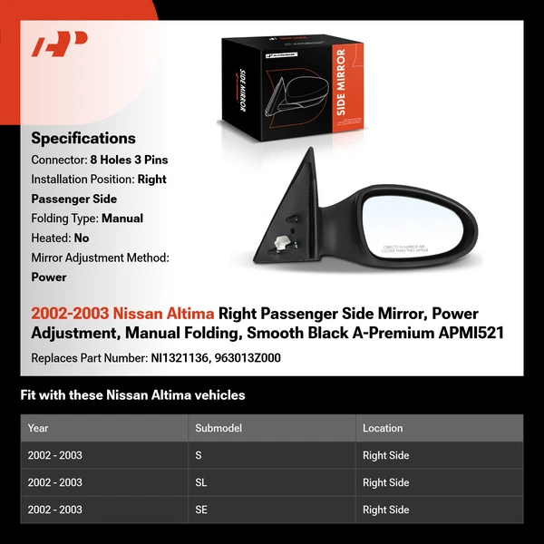 2002-2003 Nissan Altima Right Passenger Side Mirror, Power Adjustment, Manual Folding, Smooth Black A-Premium APMI521