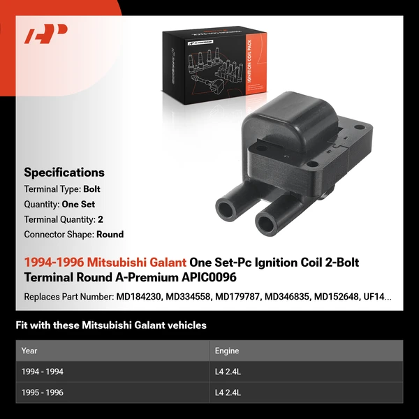 1994-1996 Mitsubishi Galant One Set-Pc Ignition Coil 2-Bolt Terminal Round A-Premium APIC0096