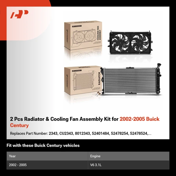 2 Pcs Radiator & Cooling Fan Assembly Kit for 2002-2005 Buick Century