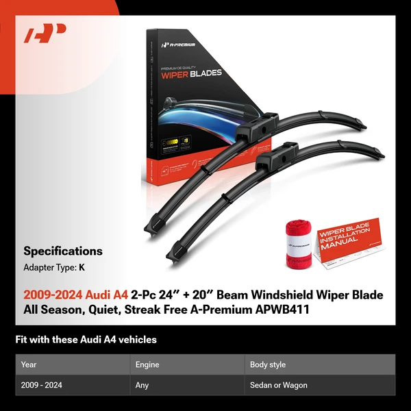 2009-2024 Audi A4 2-Pc 24″ + 20″ Beam Windshield Wiper Blade All Season, Quiet, Streak Free A-Premium APWB411