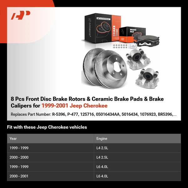 8 Pcs Front Disc Brake Rotors & Ceramic Brake Pads & Brake Calipers for 1999-2001 Jeep Cherokee