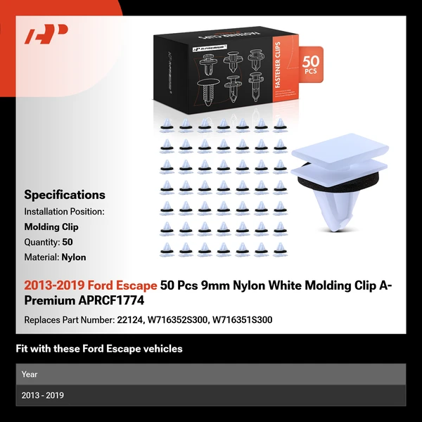 2013-2019 Ford Escape 50 Pcs 9mm Nylon White Molding Clip A-Premium APRCF1774