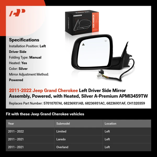 2011-2022 Jeep Grand Cherokee Left Driver Side Mirror Assembly, Powered, with Heated, Silver A-Premium APMI3459TW