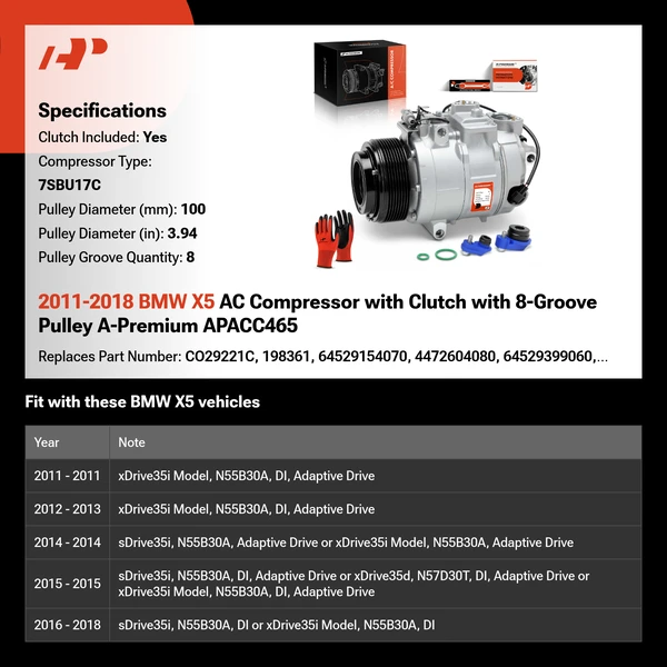 2011-2018 BMW X5 AC Compressor with Clutch with 8-Groove Pulley A-Premium APACC465