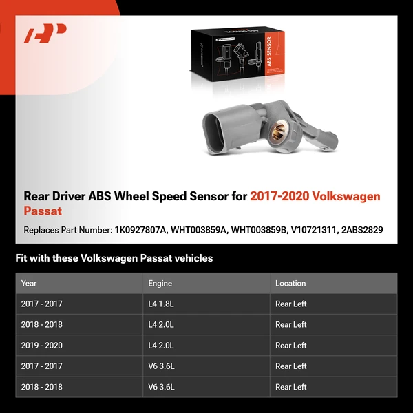 Rear Driver ABS Wheel Speed Sensor for 2017-2020 Volkswagen Passat