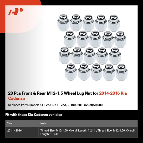 20 Pcs Front & Rear M12-1.5 Wheel Lug Nut for 2014-2016 Kia Cadenza